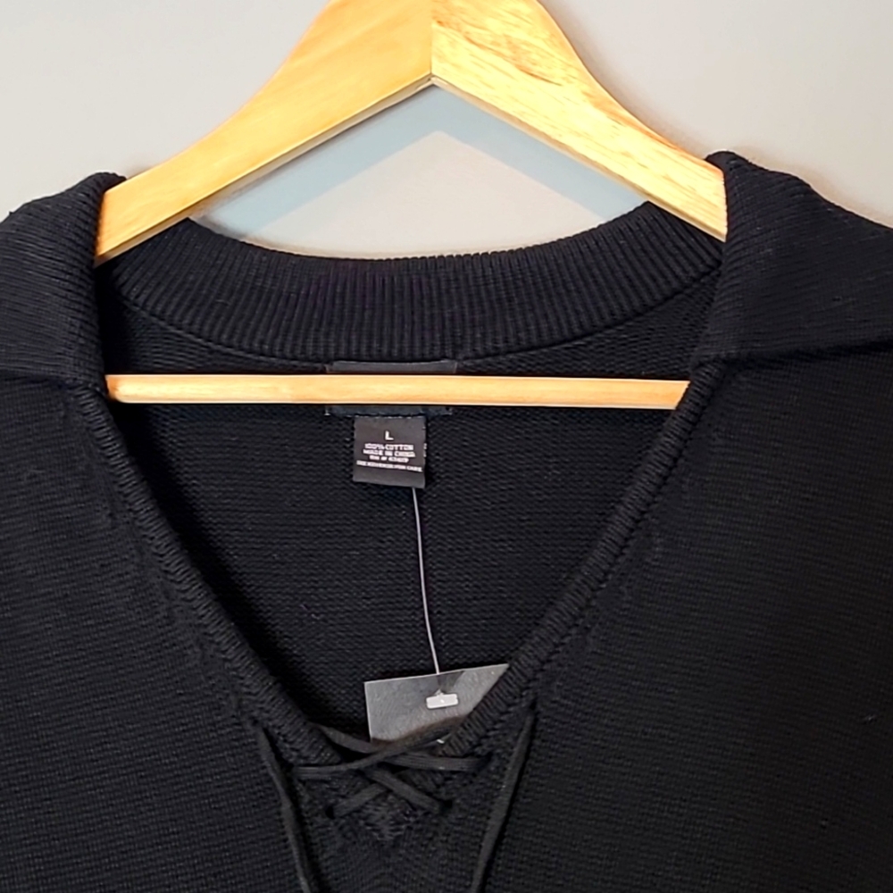 Vintage 90s Y2K One Step Up Lace Up Tunic Sweater Black Flare Sleeve Size Large - Picture 3 of 9